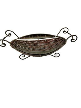 Mediterranean Style Wicker Metal Basket Brown Black Oval Vintage 16 inch